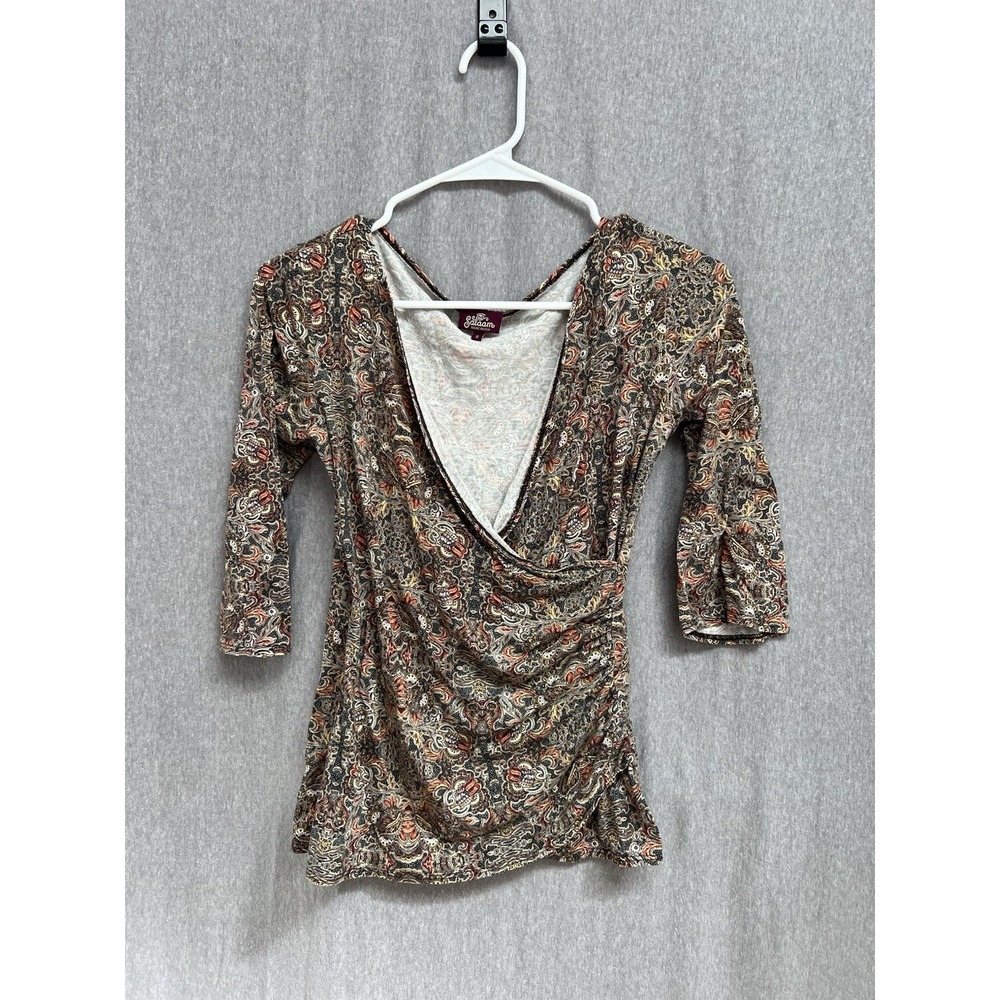Salaam Wrap Top Long Sleeve Ruched V-Neck Multicolor Geometric Print Size Small